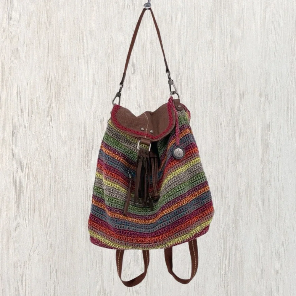The Sak Avalon Crochet Backpack Convertible Shoulder Bag Striped Boho Drawstring
